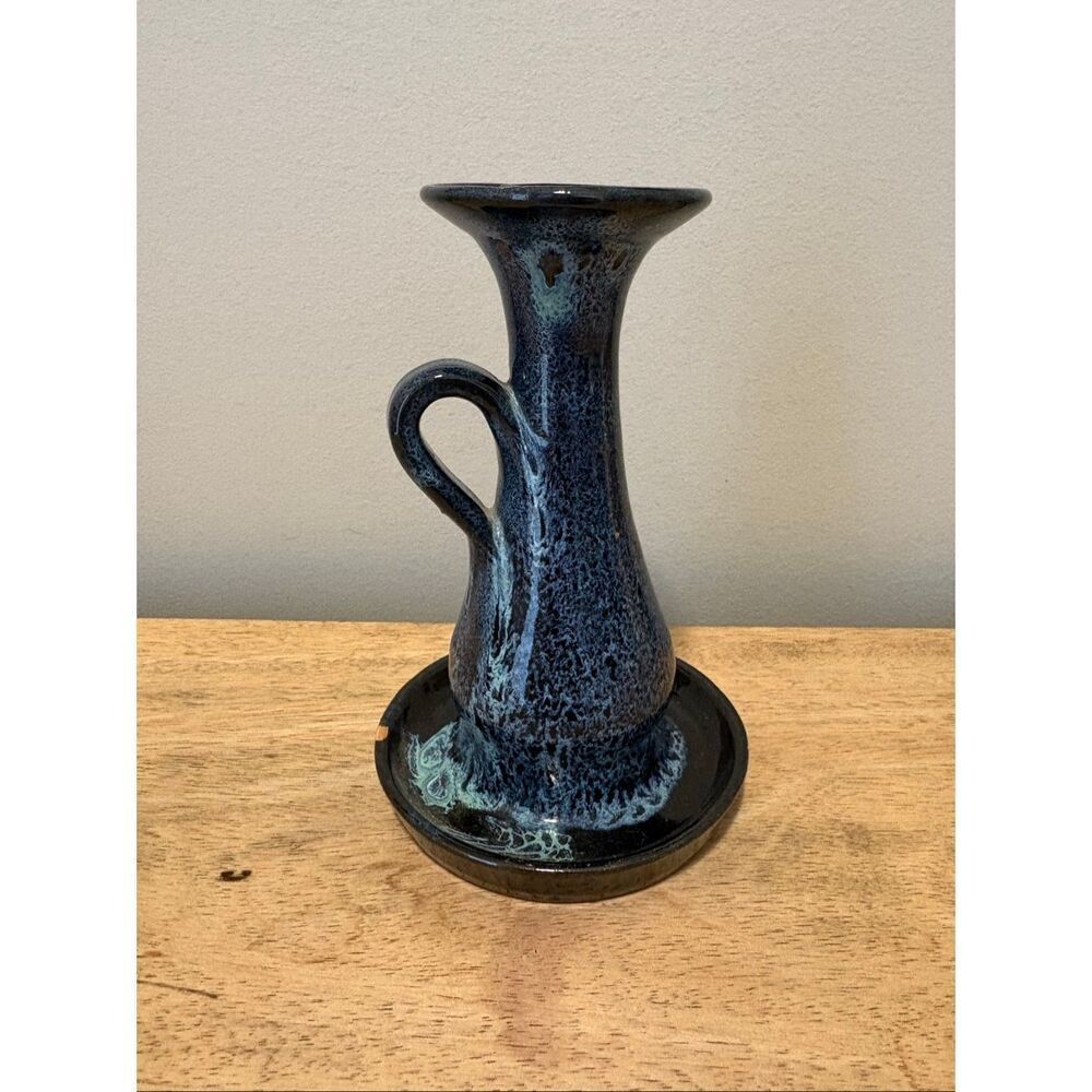 Handmade Studio Art Pottery Blue Chamberstick Tapered Candle Holder
